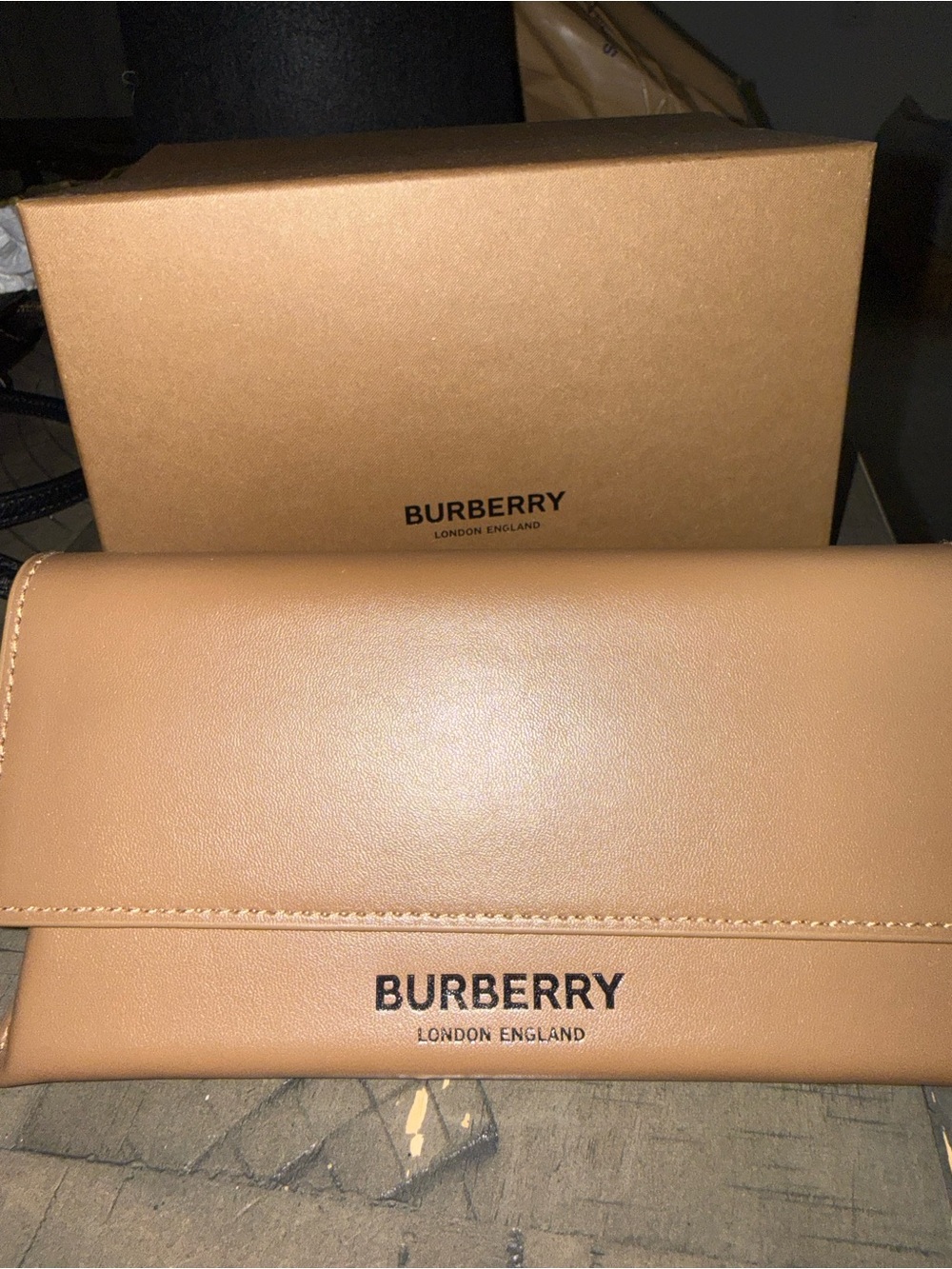 Burberry Tan sunglass case and Box with Black Logo